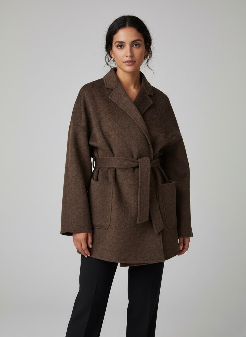 ÉDEN – Manteau croisé à ceinture marron