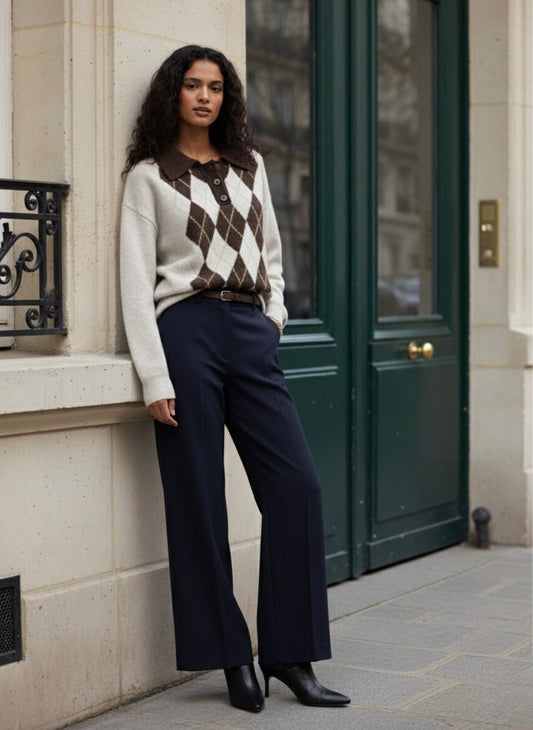 Pull Argyle à Col Polo – Style Rétro & Confort Moderne