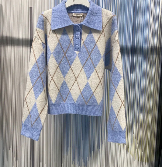 Pull en maille à losanges-bleu clair