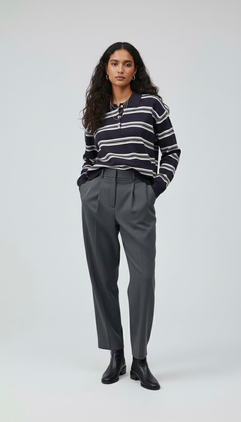 ONDÈ – Pull rayé à col boutonné bleu