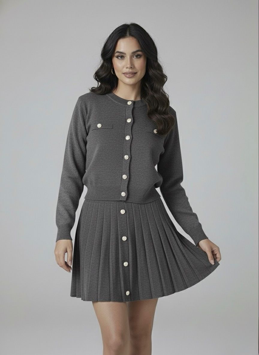 Ensemble Jupe Plissée & Cardigan Boutonné