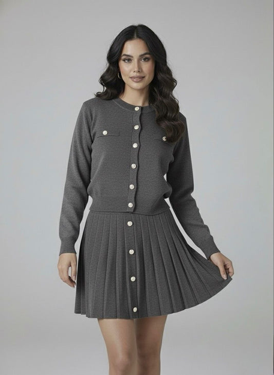 Ensemble Jupe Plissée & Cardigan Boutonné