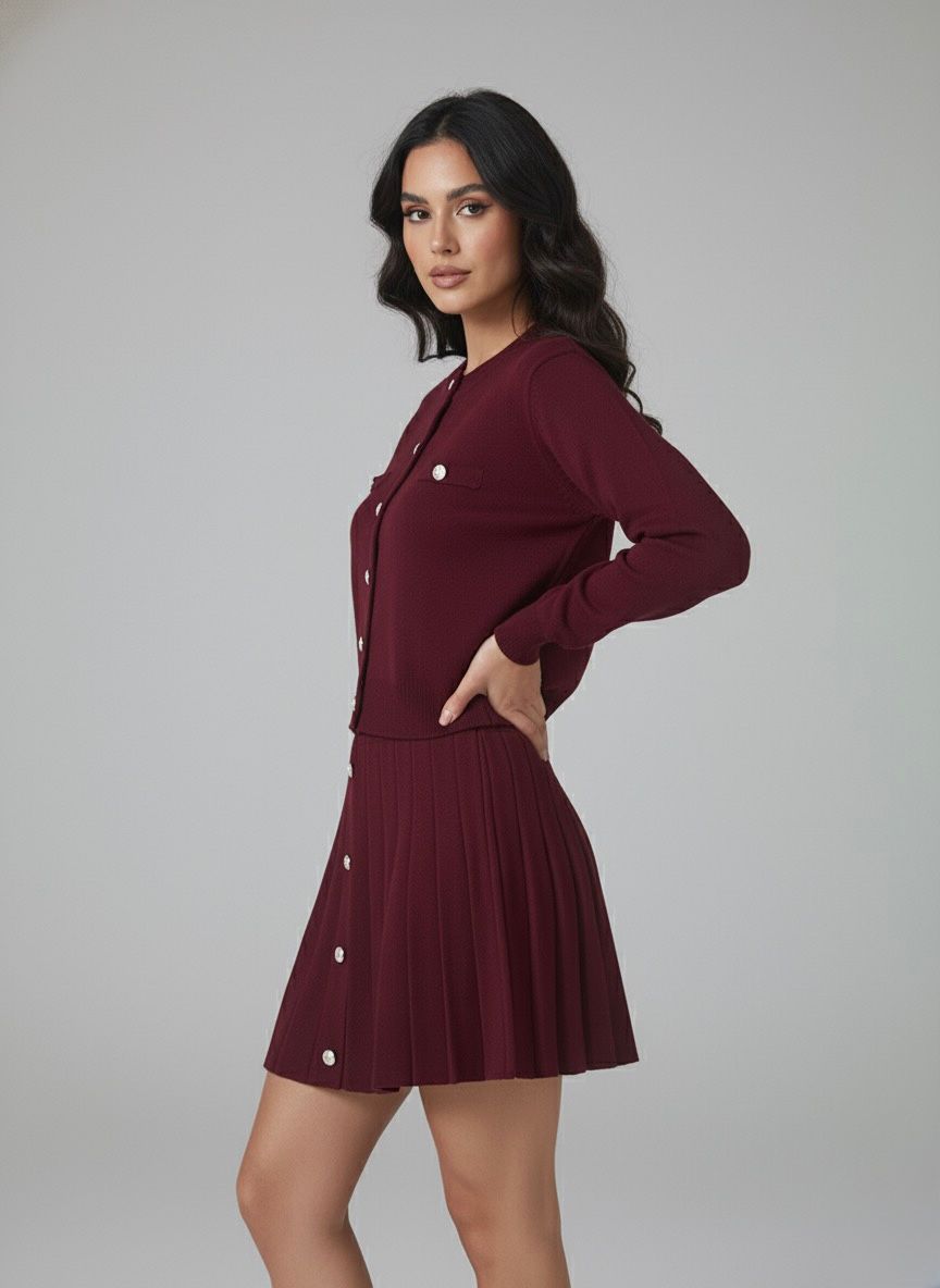 Ensemble Jupe Plissée & Cardigan Boutonné