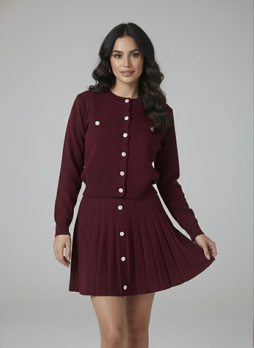 Ensemble Jupe Plissée & Cardigan Boutonné