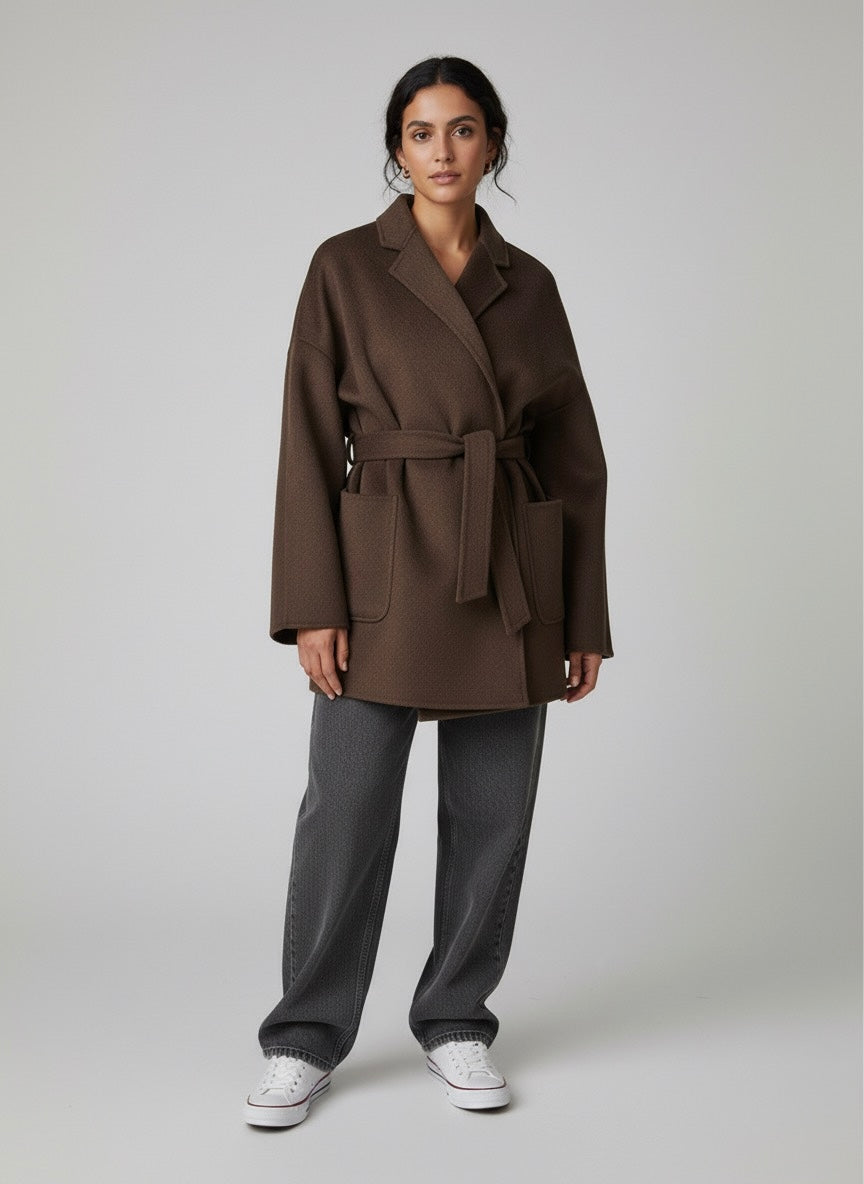 ÉDEN – Manteau croisé à ceinture marron