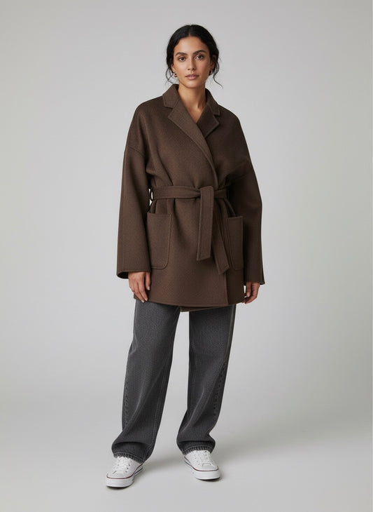 ÉDEN – Manteau croisé à ceinture marron