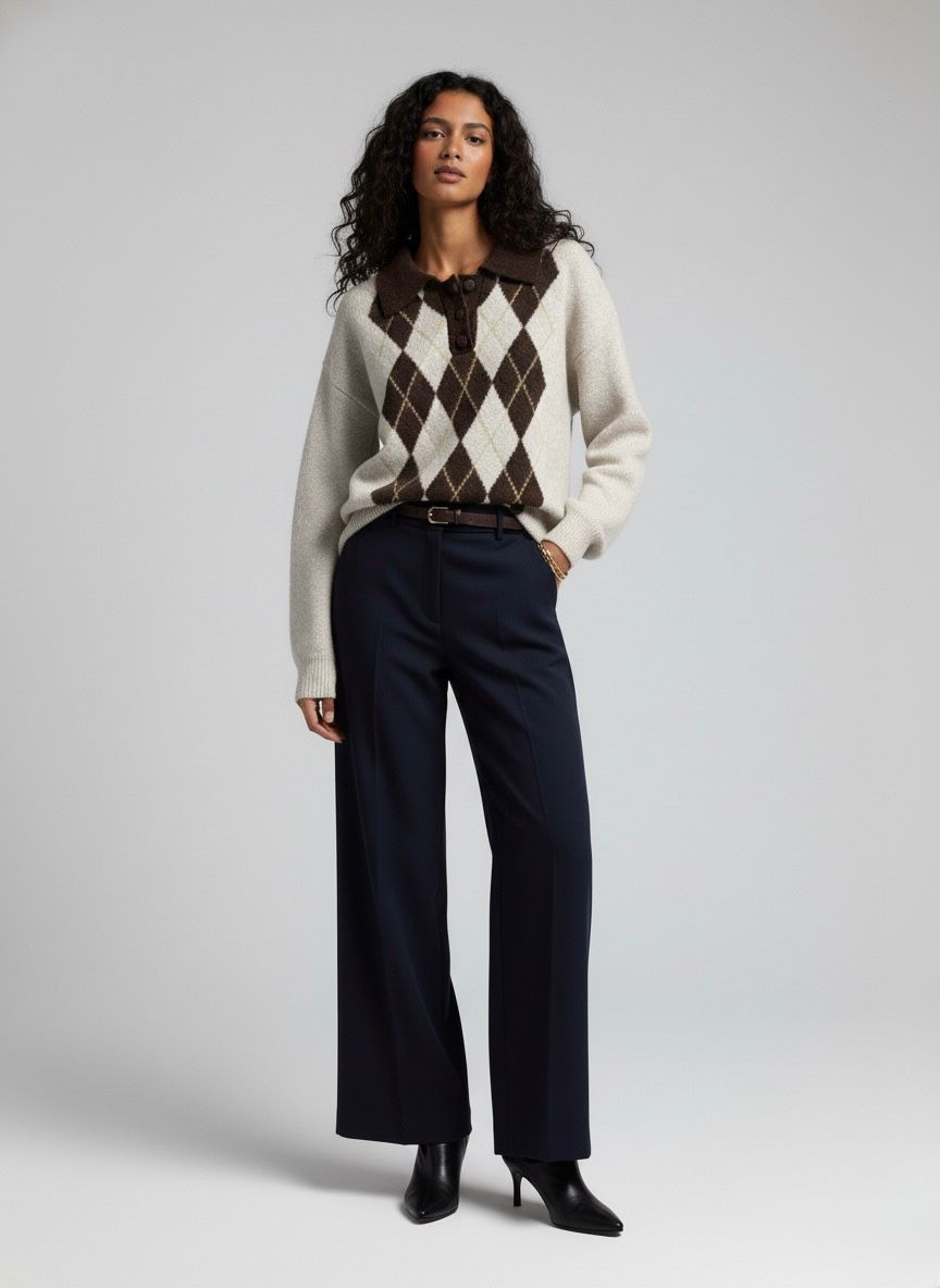 Pull Argyle à Col Polo – Style Rétro & Confort Moderne