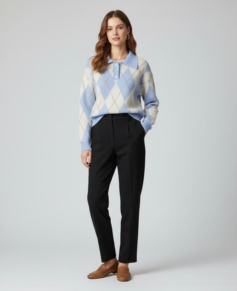 Pull en maille à losanges-bleu clair