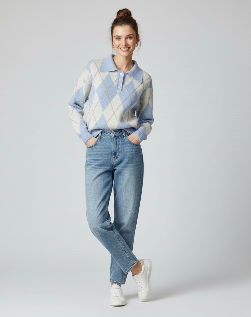 Pull en maille à losanges-bleu clair