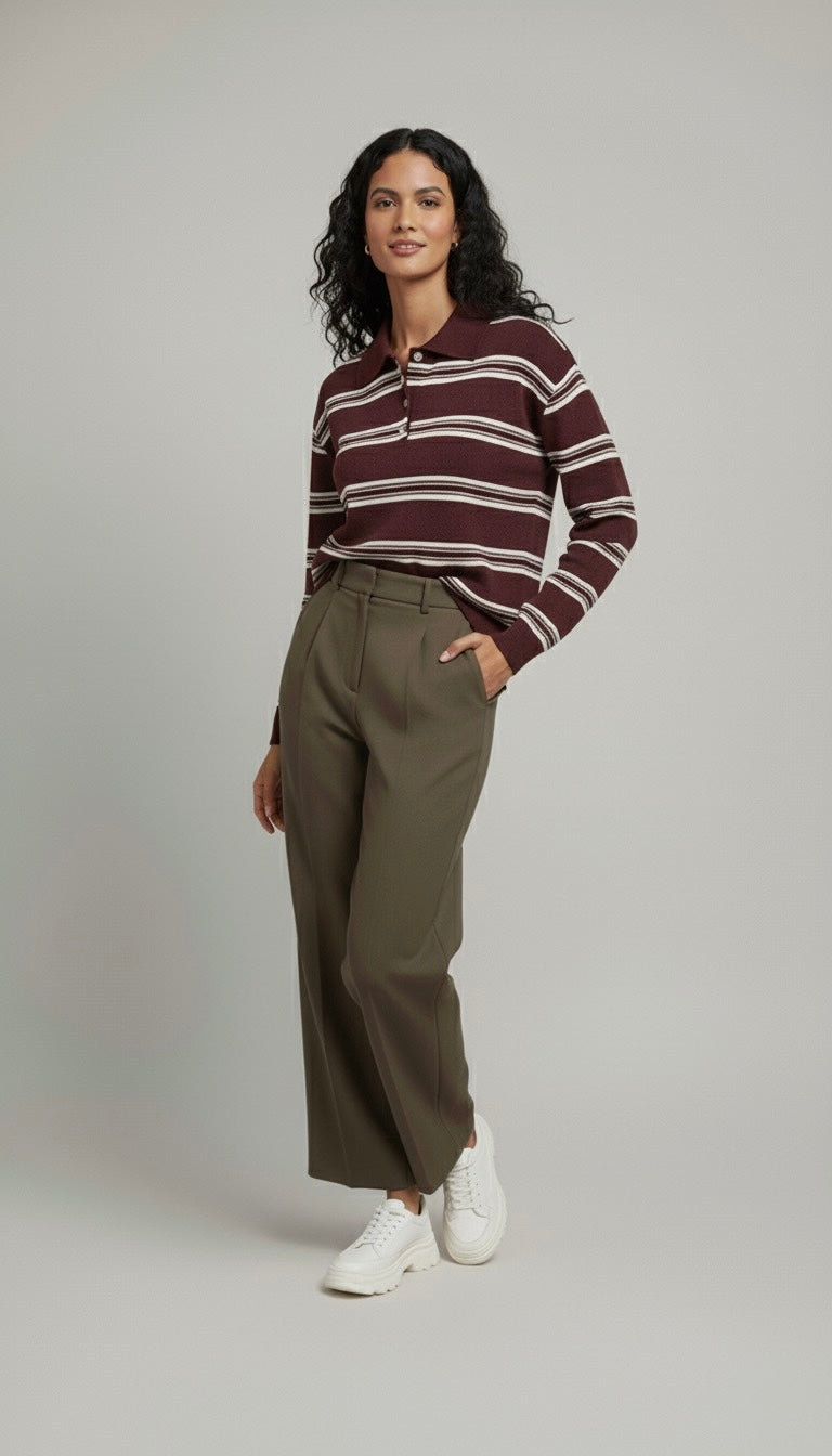 ONDÈ – Pull rayé à col boutonné bordeaux