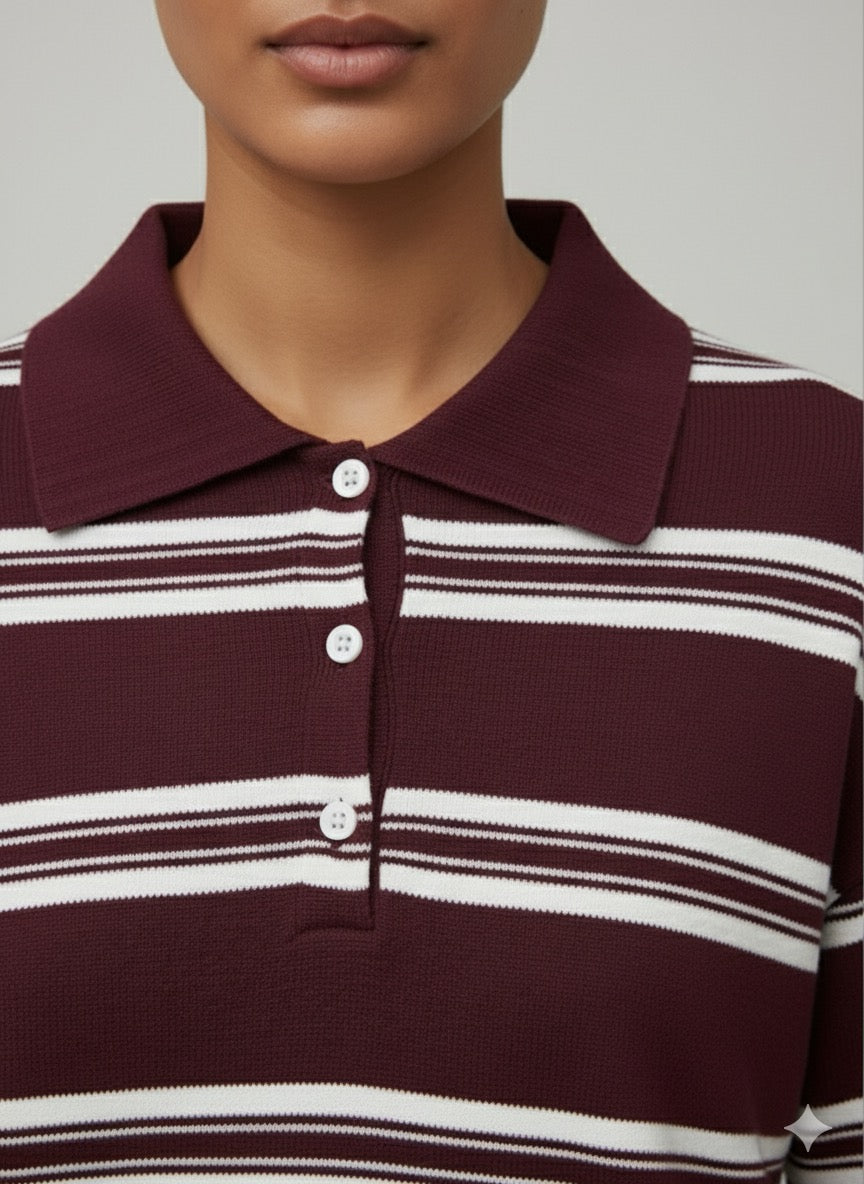 ONDÈ – Pull rayé à col boutonné bordeaux