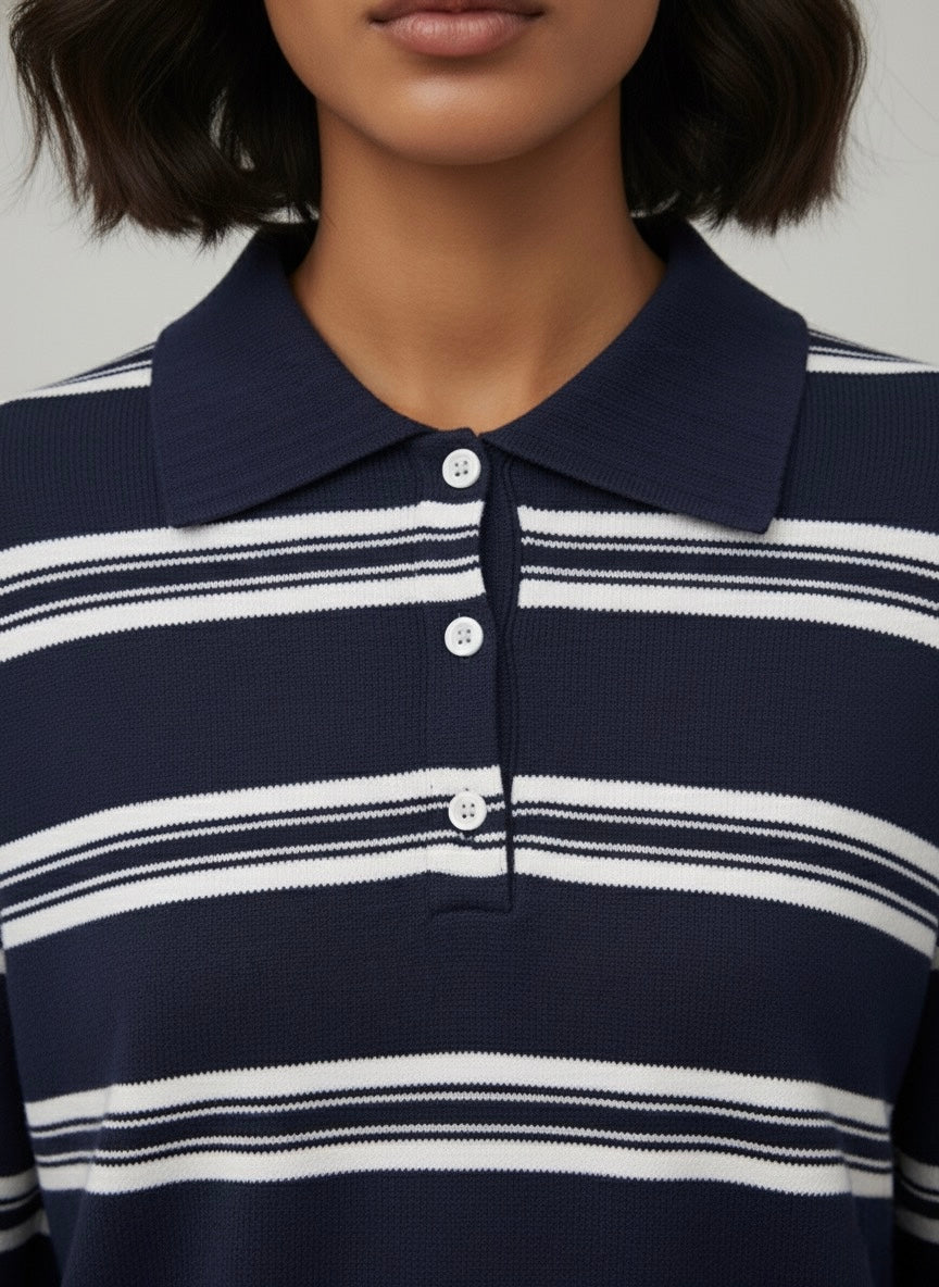 ONDÈ – Pull rayé à col boutonné bleu