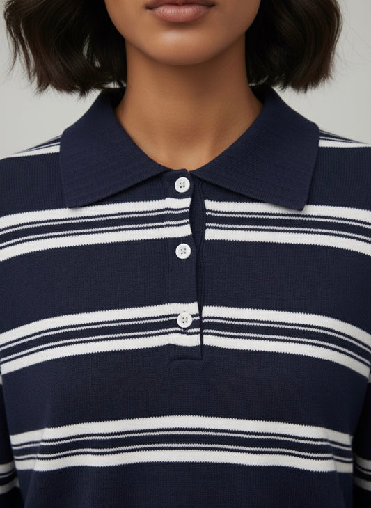 ONDÈ – Pull rayé à col boutonné bleu