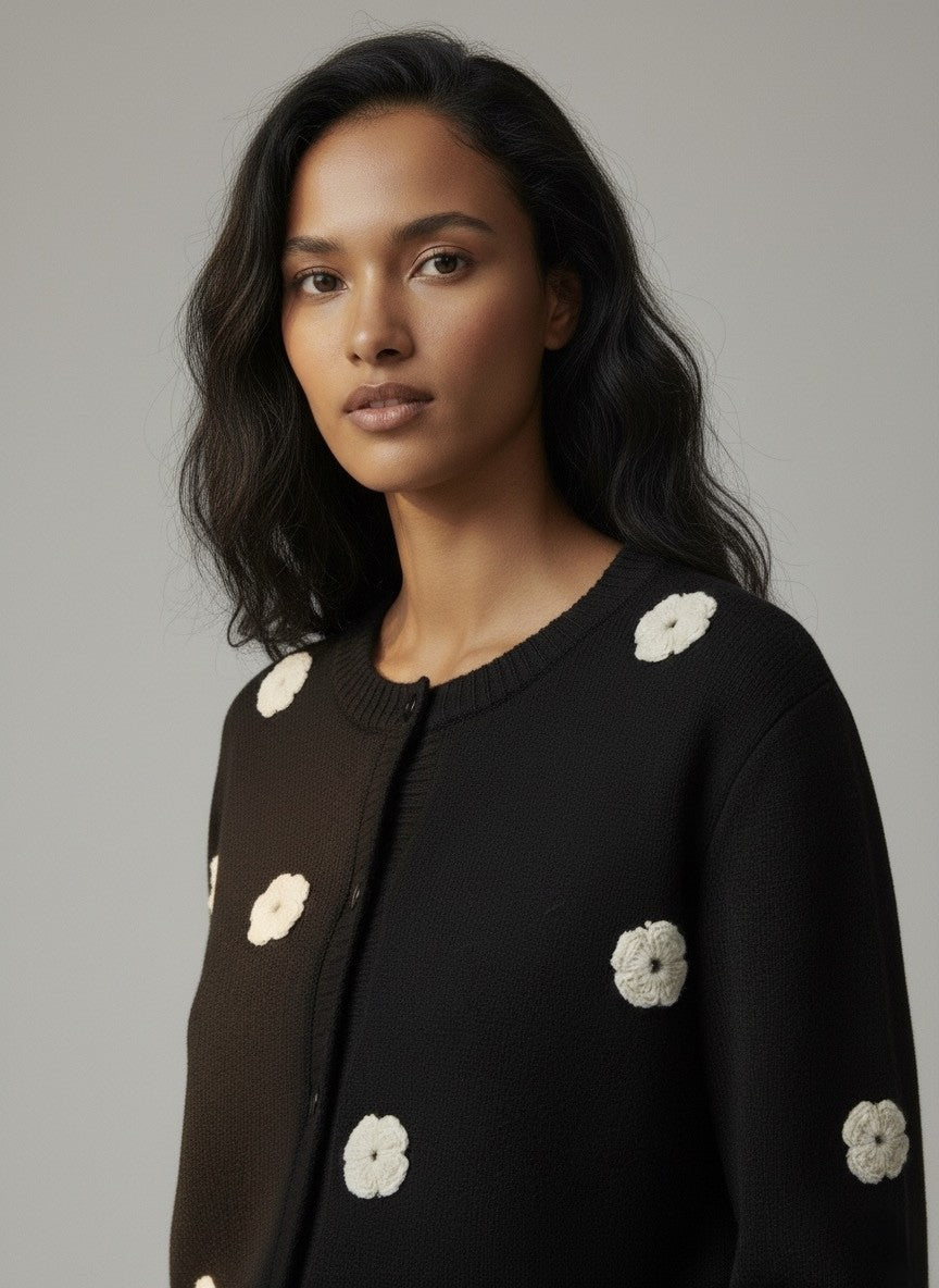 FLORA - Cardigan noir à fleurs brodées